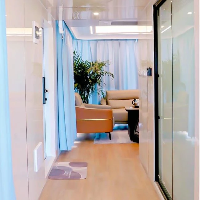 This is an entryway view of a red prefabricated box house with a couch and some greenery in front of it